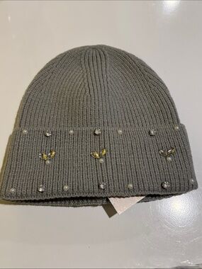 Lulla Collection Grey Knit Beanie with Crystal and Pearl Accents